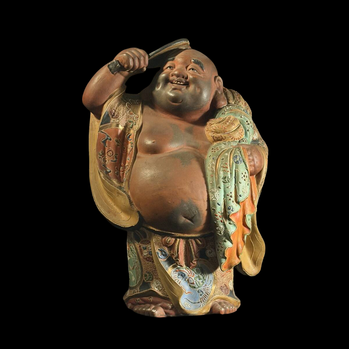 Kutani Ware Hotei Figure | Seven Gods of Fortune | Gilded Polychrome Ceramic Sculpture | Approx. 38 cm
