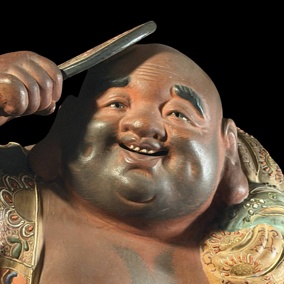 Kutani Ware Hotei Figure | Seven Gods of Fortune | Gilded Polychrome Ceramic Sculpture | Approx. 38 cm