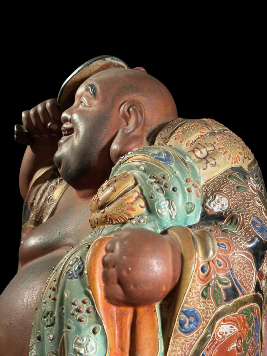 Kutani Ware Hotei Figure | Seven Gods of Fortune | Gilded Polychrome Ceramic Sculpture | Approx. 38 cm