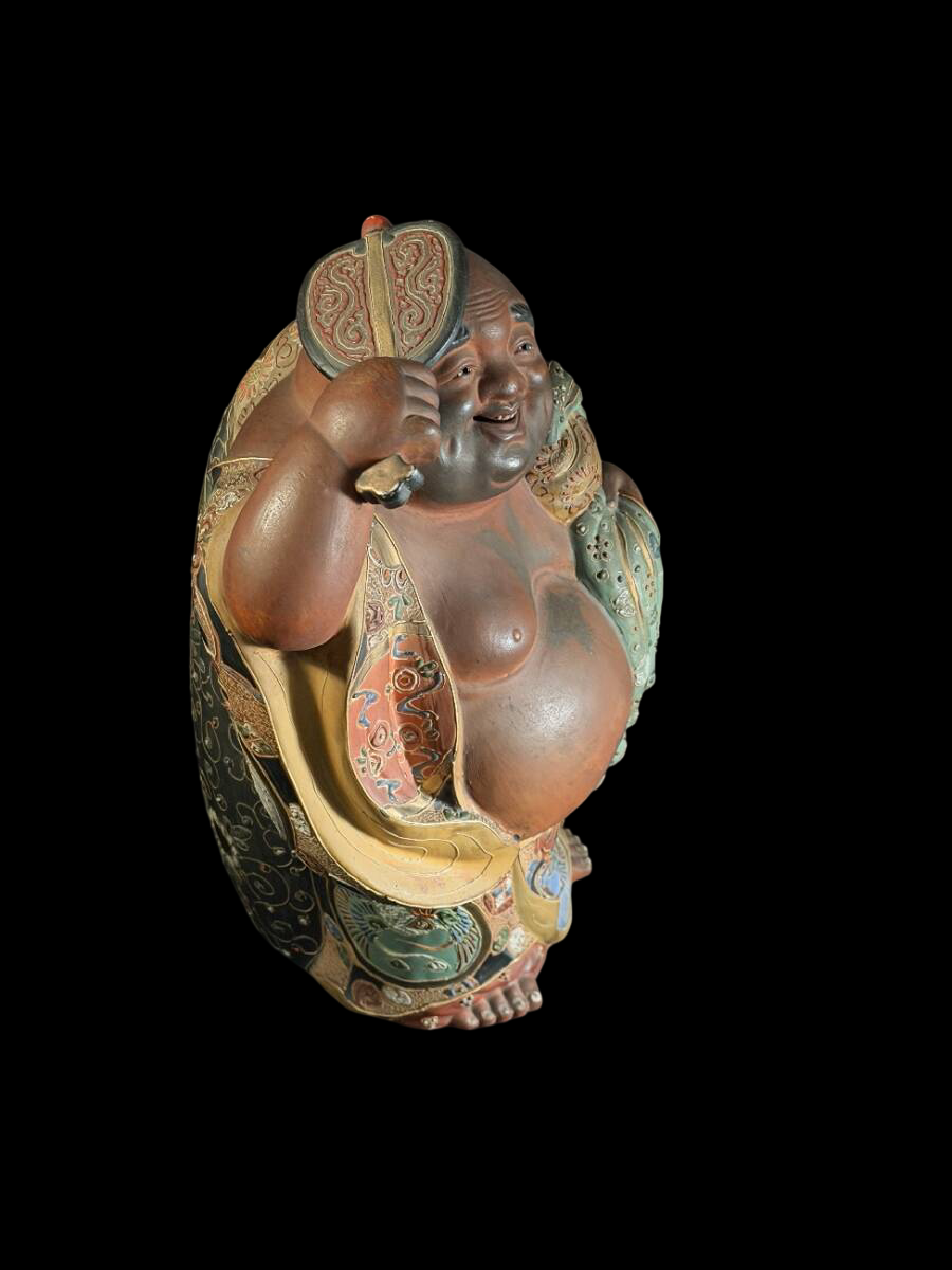 Kutani Ware Hotei Figure | Seven Gods of Fortune | Gilded Polychrome Ceramic Sculpture | Approx. 38 cm