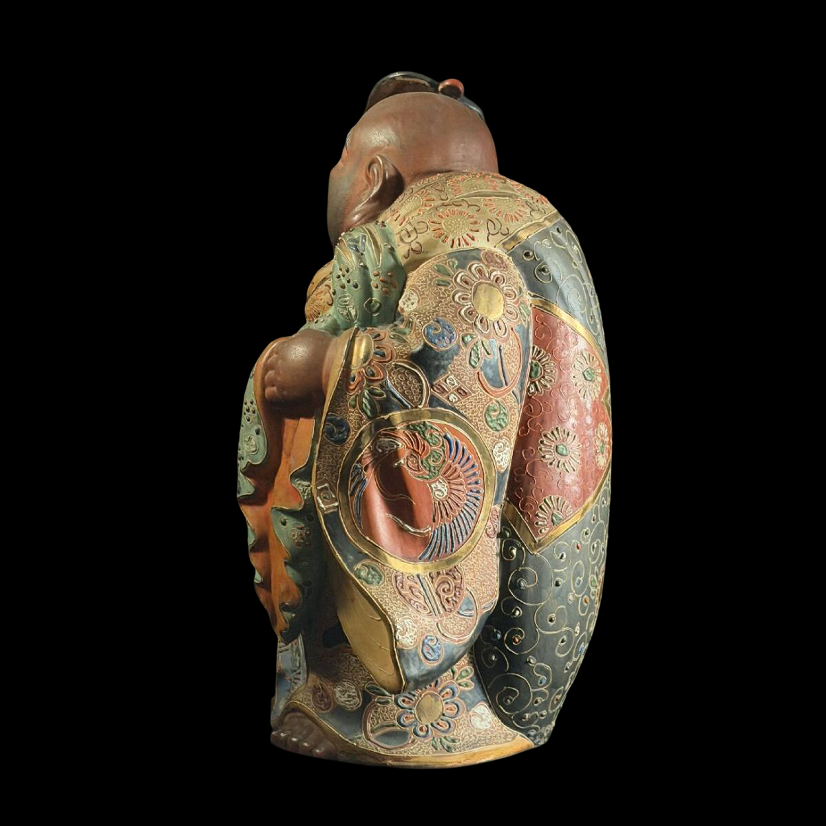 Kutani Ware Hotei Figure | Seven Gods of Fortune | Gilded Polychrome Ceramic Sculpture | Approx. 38 cm
