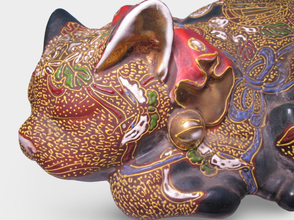 Monumental Kutani Ware Maneki‑neko | Gilded Polychrome Beckoning Cat