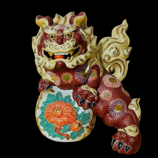 Kutani Ware Jewel-Ball Shishi Lion (Tama-nori Shishi) — Hand-Painted Polychrome Guardian Figure — Approx. 30 cm — Showa–Heisei Era Decorative Sculpture