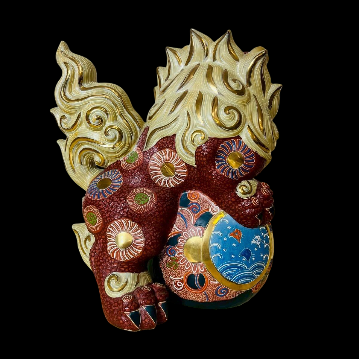 Kutani Ware Jewel-Ball Shishi Lion (Tama-nori Shishi) — Hand-Painted Polychrome Guardian Figure — Approx. 30 cm — Showa–Heisei Era Decorative Sculpture