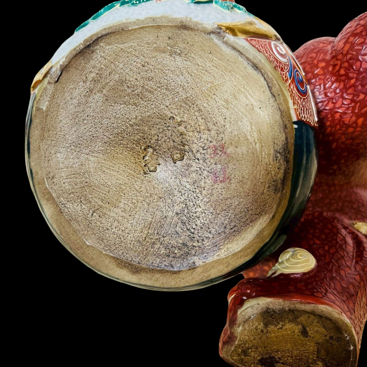 Kutani Ware Jewel-Ball Shishi Lion (Tama-nori Shishi) — Hand-Painted Polychrome Guardian Figure — Approx. 30 cm — Showa–Heisei Era Decorative Sculpture