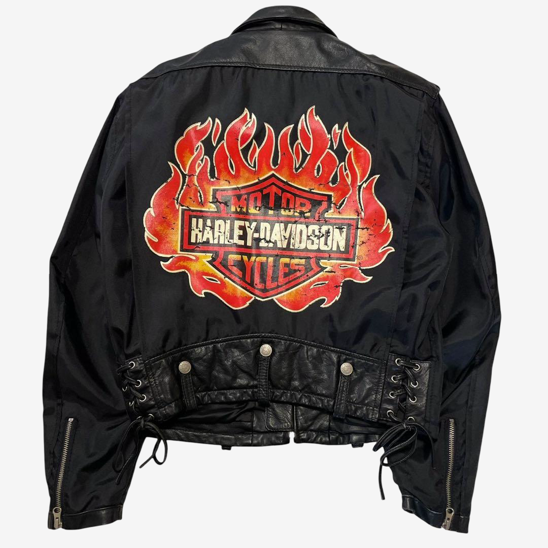 Harley-Davidson Vintage Flame Motorcycle Jacket Black Leather × Nylon Size M | Rare H-D An American Legend Biker Jacket No. 40164
