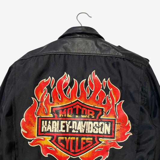 Harley-Davidson Vintage Flame Motorcycle Jacket Black Leather × Nylon Size M | Rare H-D An American Legend Biker Jacket No. 40164