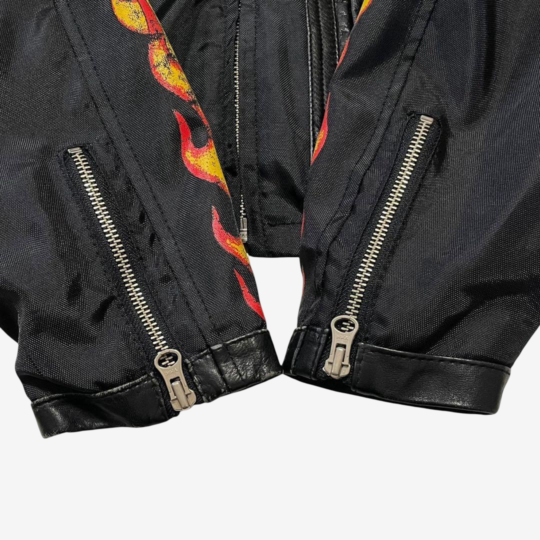 Harley-Davidson Vintage Flame Motorcycle Jacket Black Leather × Nylon Size M | Rare H-D An American Legend Biker Jacket No. 40164
