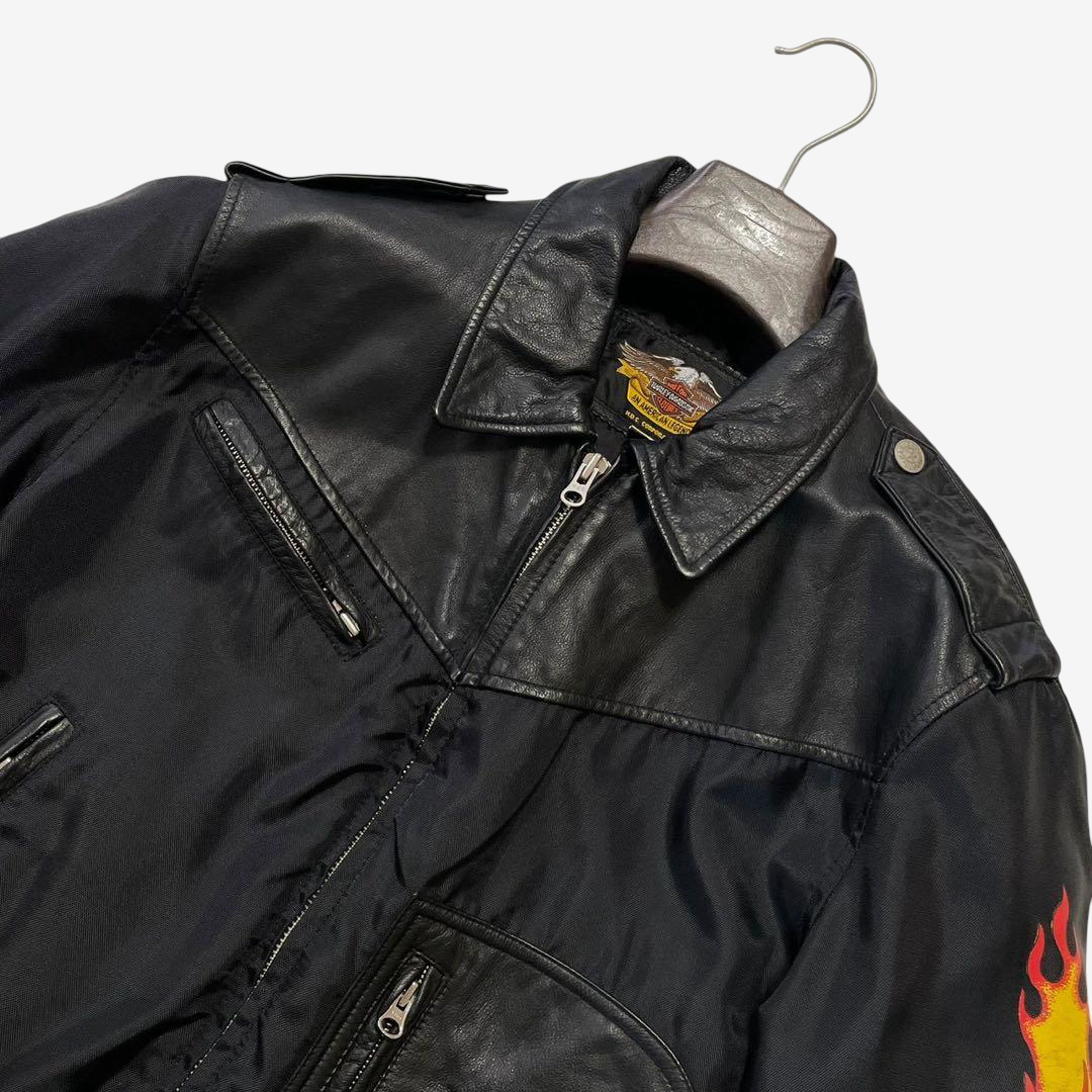Harley-Davidson Vintage Flame Motorcycle Jacket Black Leather × Nylon Size M | Rare H-D An American Legend Biker Jacket No. 40164