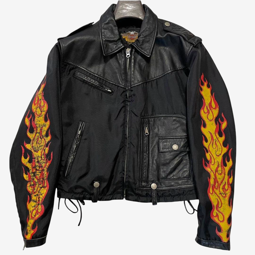 Harley-Davidson Vintage Flame Motorcycle Jacket Black Leather × Nylon Size M | Rare H-D An American Legend Biker Jacket No. 40164