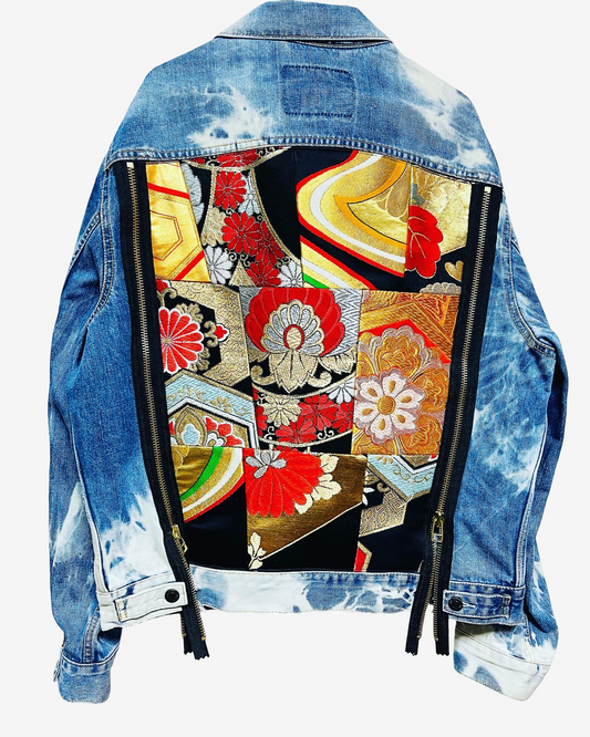 Cote Mer Kimono Obi Patchwork Denim Jacket L XL Japanese Remake One of One Reconstructed Streetwear Wearable Art