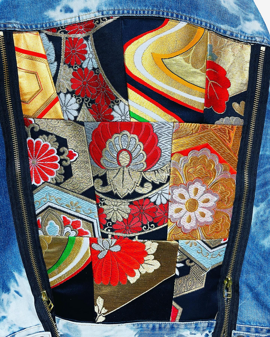Cote Mer Kimono Obi Patchwork Denim Jacket L XL Japanese Remake One of One Reconstructed Streetwear Wearable Art