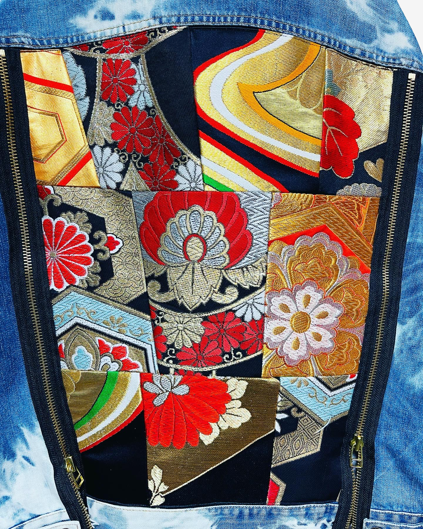 Cote Mer Kimono Obi Patchwork Denim Jacket L XL Japanese Remake One of One Reconstructed Streetwear Wearable Art