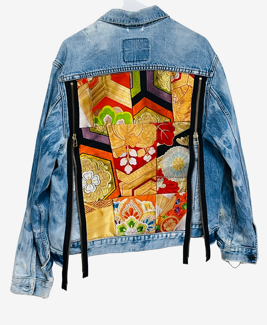 Vintage Levi's x COTE MER Kimono Denim Jacket | Japanese Obi Textile Remake | One of a Kind Boro Inspired Art Jacket | L-XL