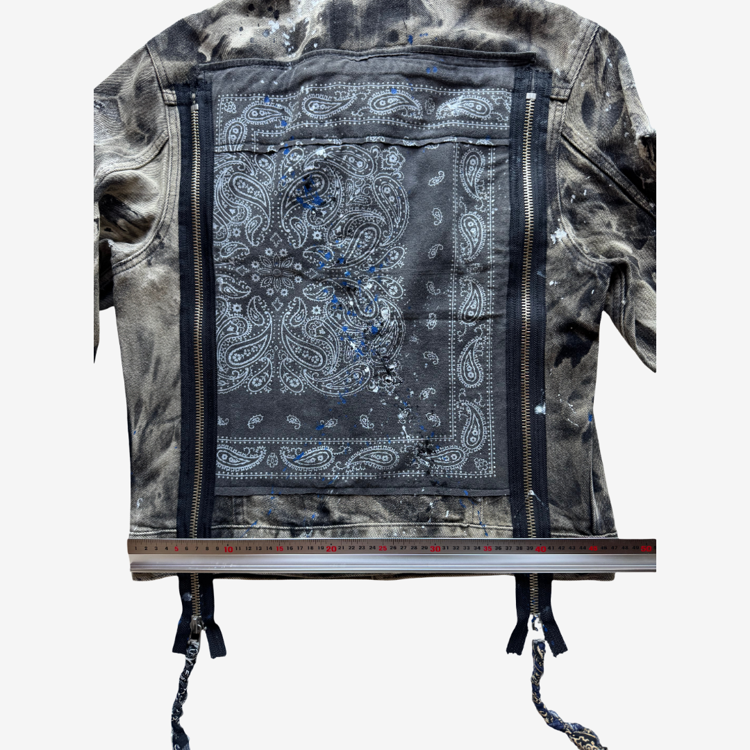 COTÉ MER Reconstructed Bandana Denim Jacket with Exposed Zippers Harajuku Streetwear Wearable Art