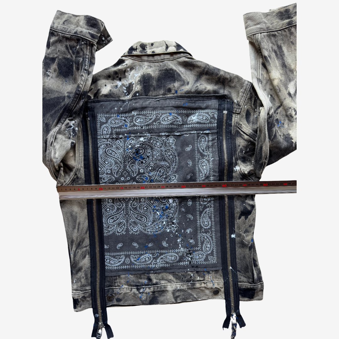COTÉ MER Reconstructed Bandana Denim Jacket with Exposed Zippers Harajuku Streetwear Wearable Art