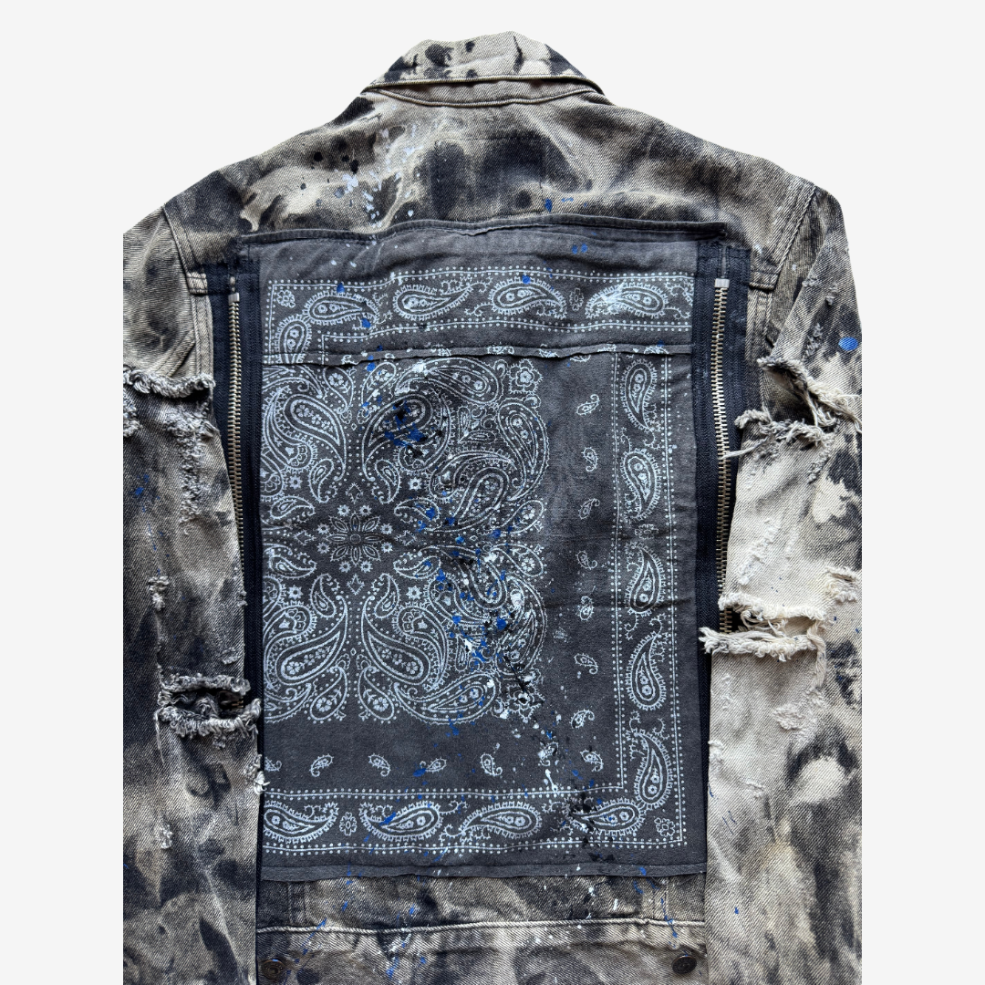 COTÉ MER Reconstructed Bandana Denim Jacket with Exposed Zippers Harajuku Streetwear Wearable Art