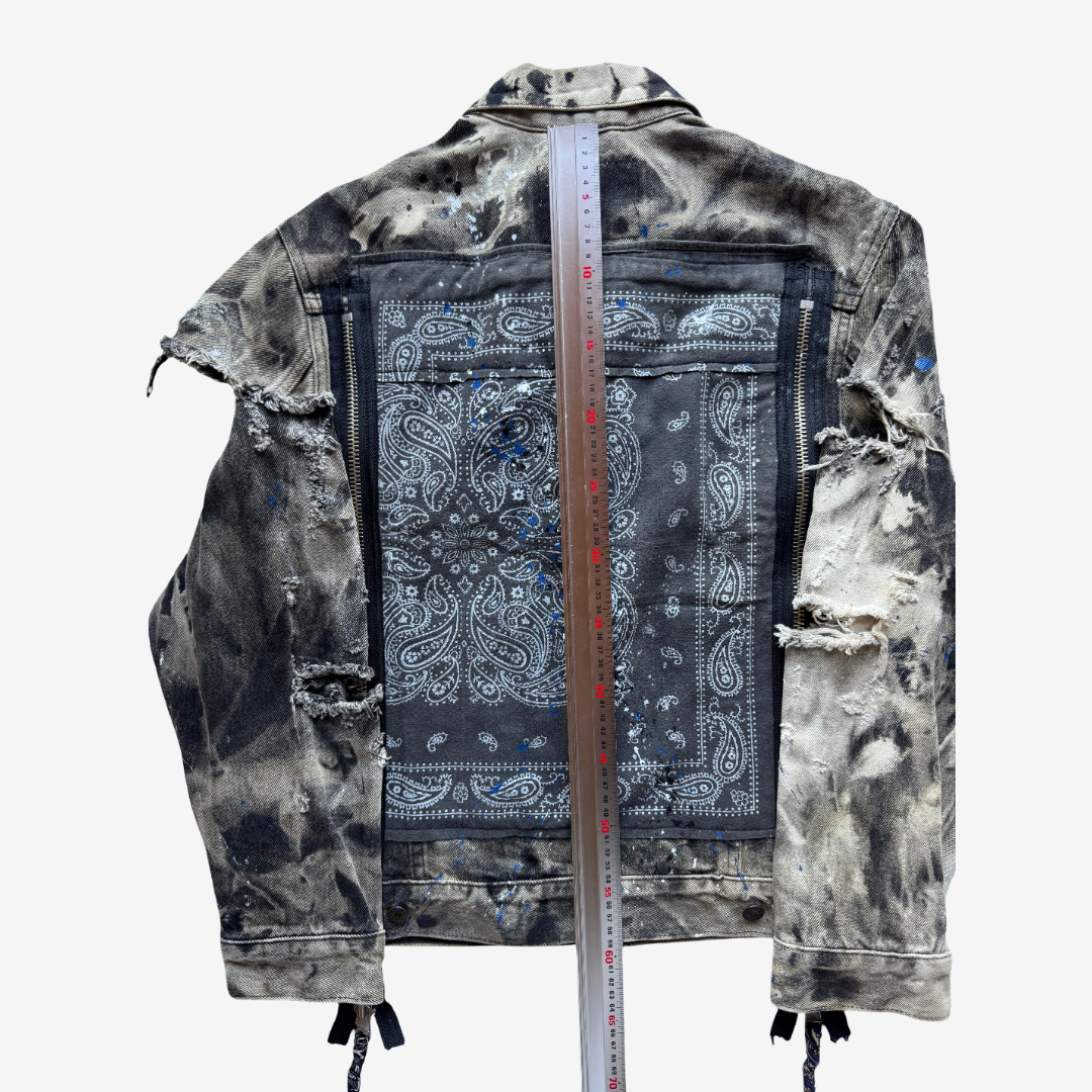 COTÉ MER Reconstructed Bandana Denim Jacket with Exposed Zippers Harajuku Streetwear Wearable Art