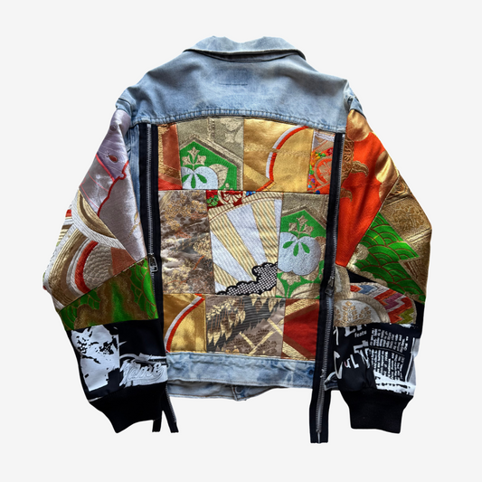 COTÉ MER Kimono Obi Patchwork Denim Remake Jacket L XL Japanese Design Harajuku Streetwear Wearable Art