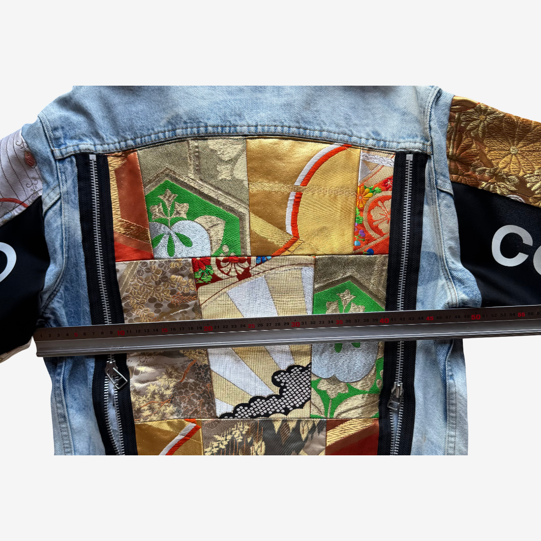 COTÉ MER Kimono Obi Patchwork Denim Remake Jacket L XL Japanese Design Harajuku Streetwear Wearable Art
