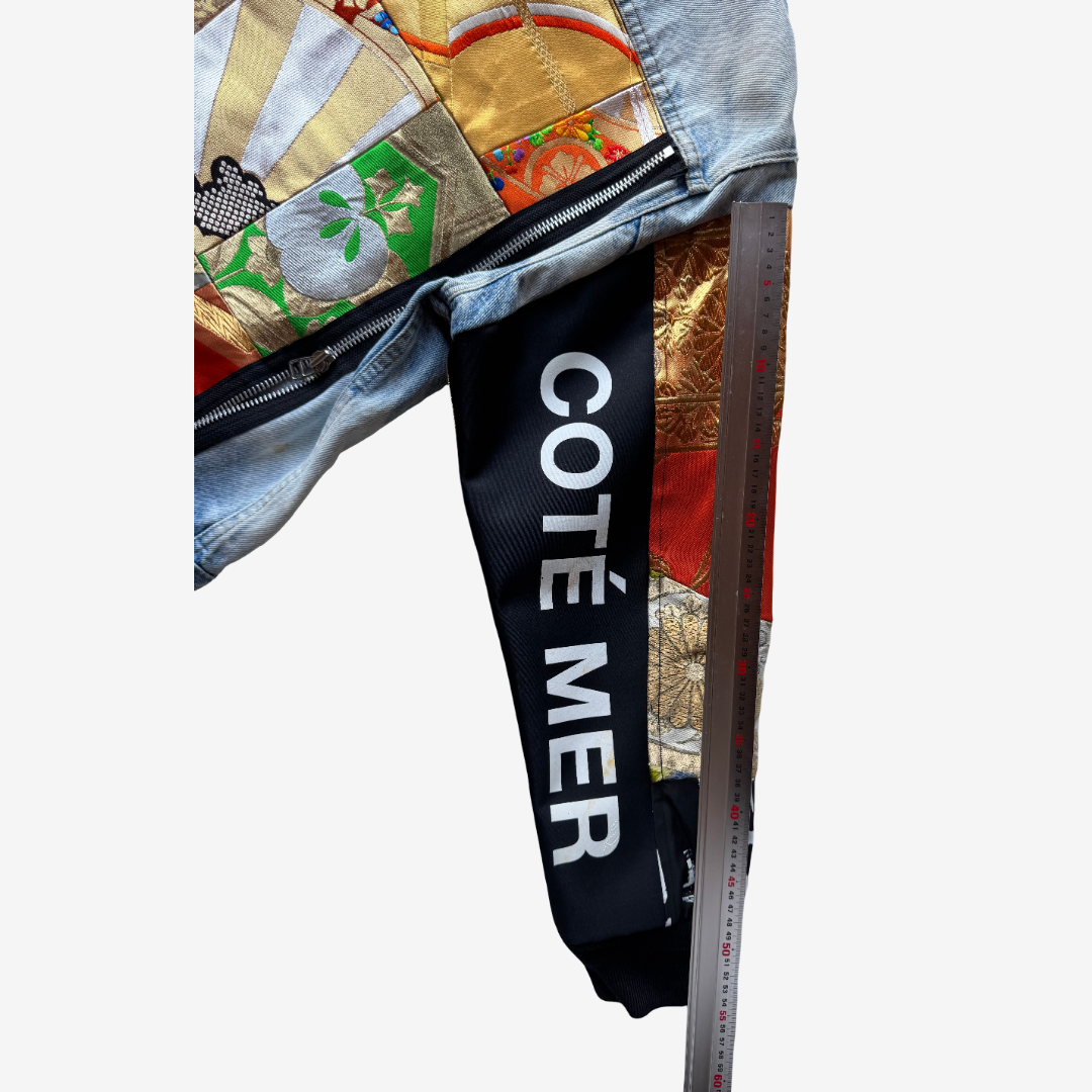 COTÉ MER Kimono Obi Patchwork Denim Remake Jacket L XL Japanese Design Harajuku Streetwear Wearable Art