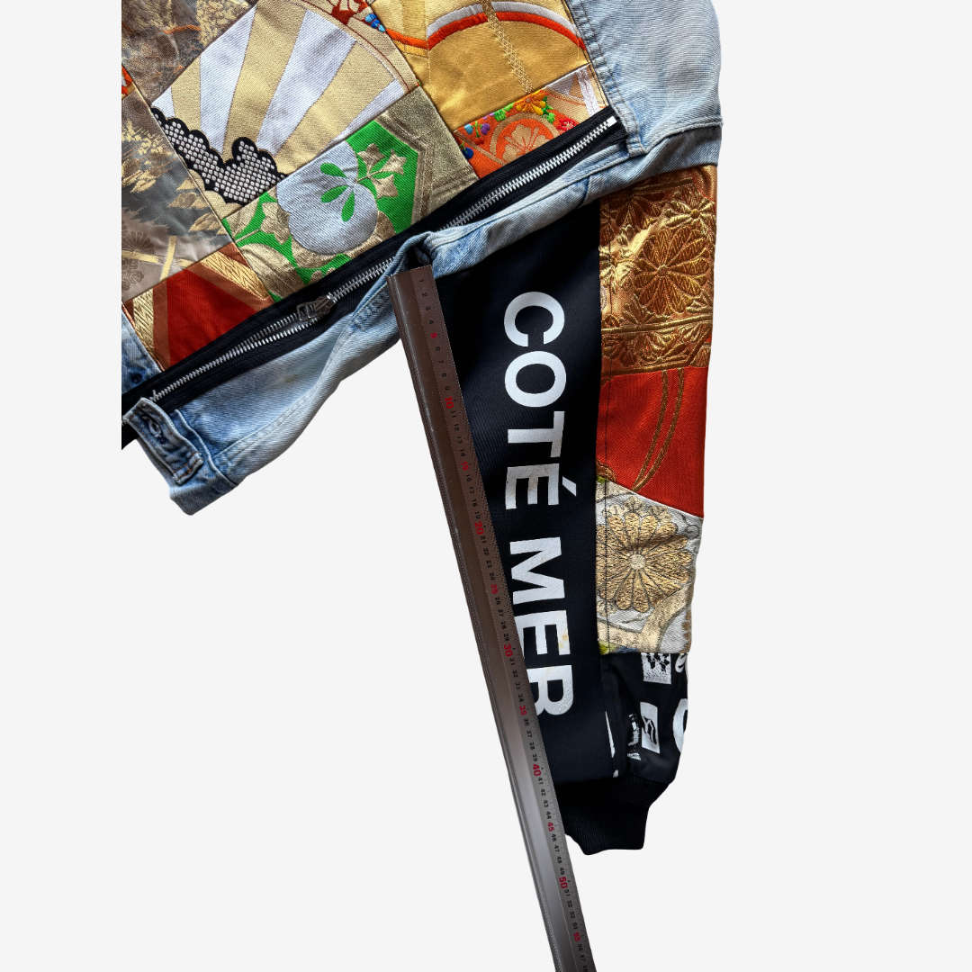 COTÉ MER Kimono Obi Patchwork Denim Remake Jacket L XL Japanese Design Harajuku Streetwear Wearable Art