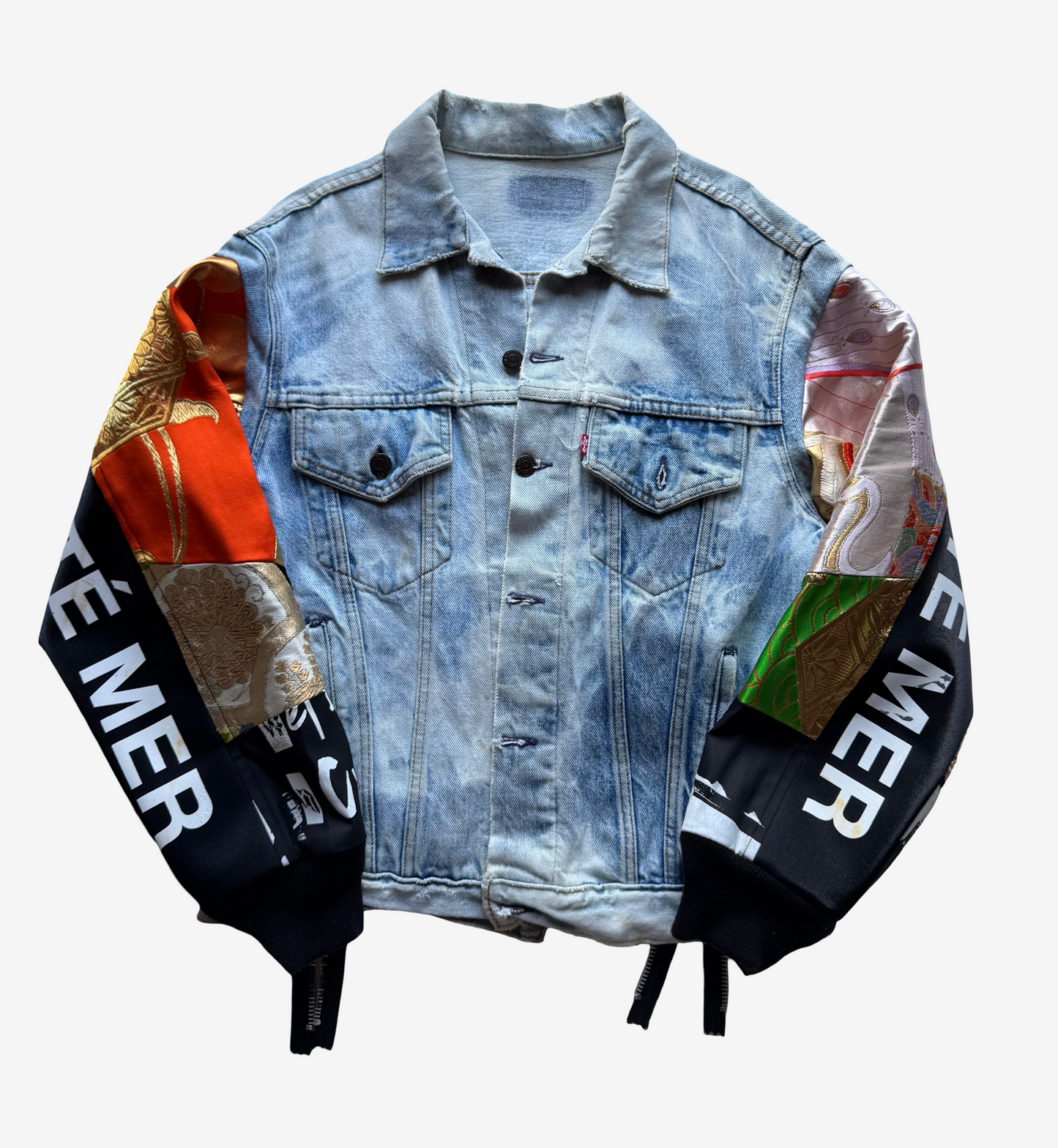 COTÉ MER Kimono Obi Patchwork Denim Remake Jacket L XL Japanese Design Harajuku Streetwear Wearable Art