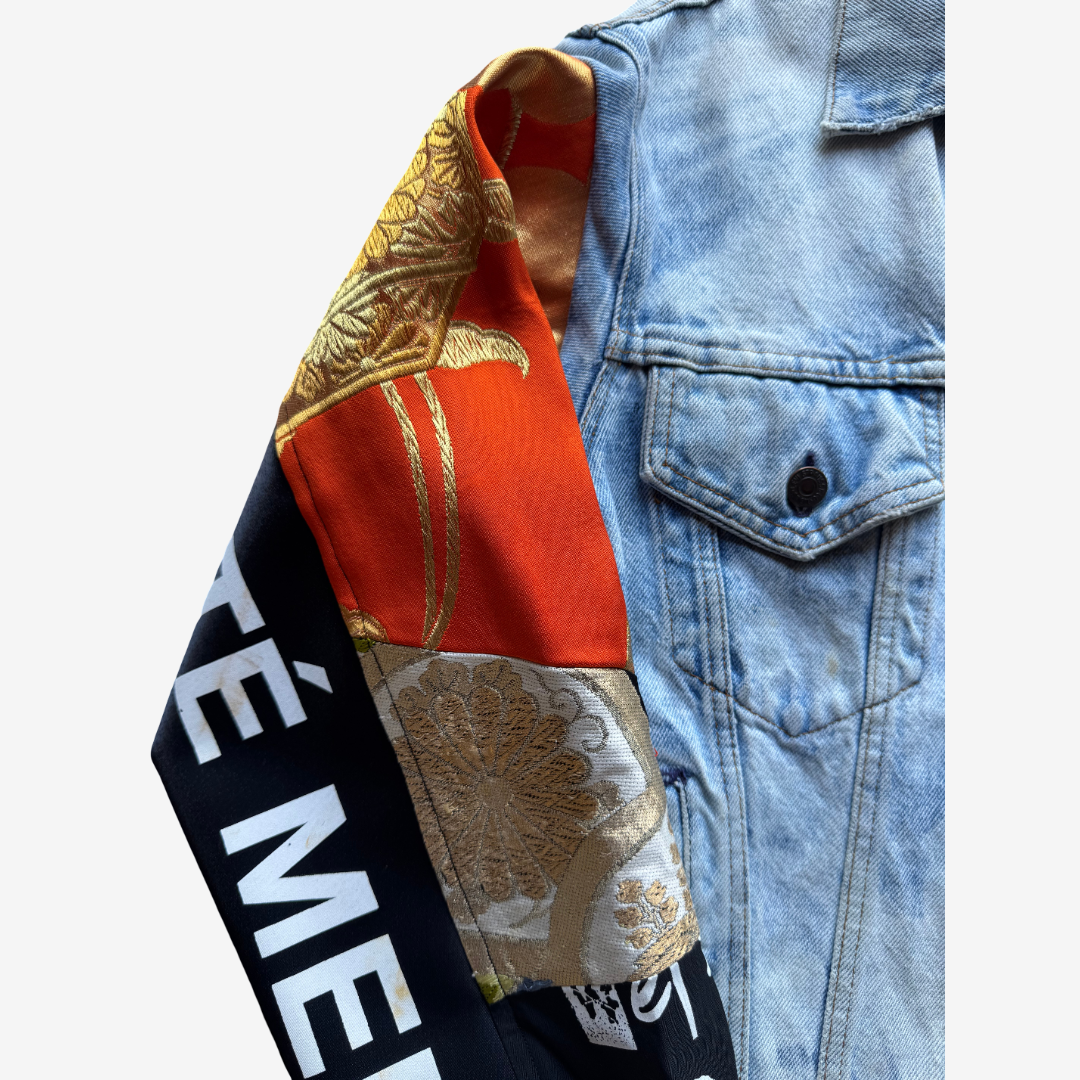 COTÉ MER Kimono Obi Patchwork Denim Remake Jacket L XL Japanese Design Harajuku Streetwear Wearable Art