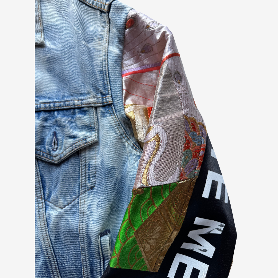 COTÉ MER Kimono Obi Patchwork Denim Remake Jacket L XL Japanese Design Harajuku Streetwear Wearable Art