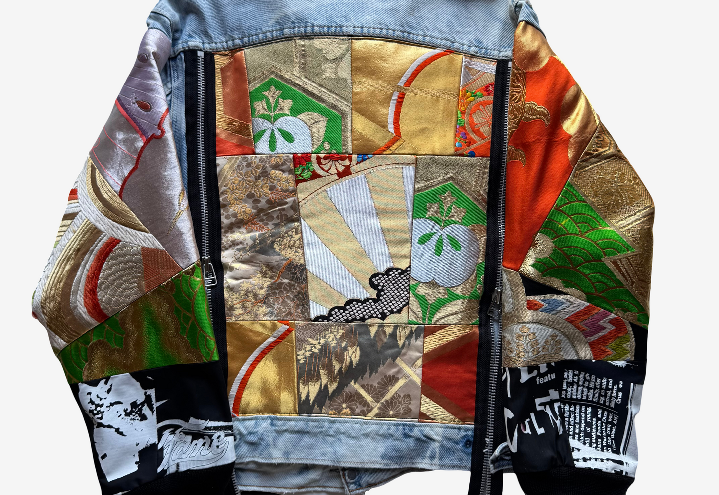 COTÉ MER Kimono Obi Patchwork Denim Remake Jacket L XL Japanese Design Harajuku Streetwear Wearable Art