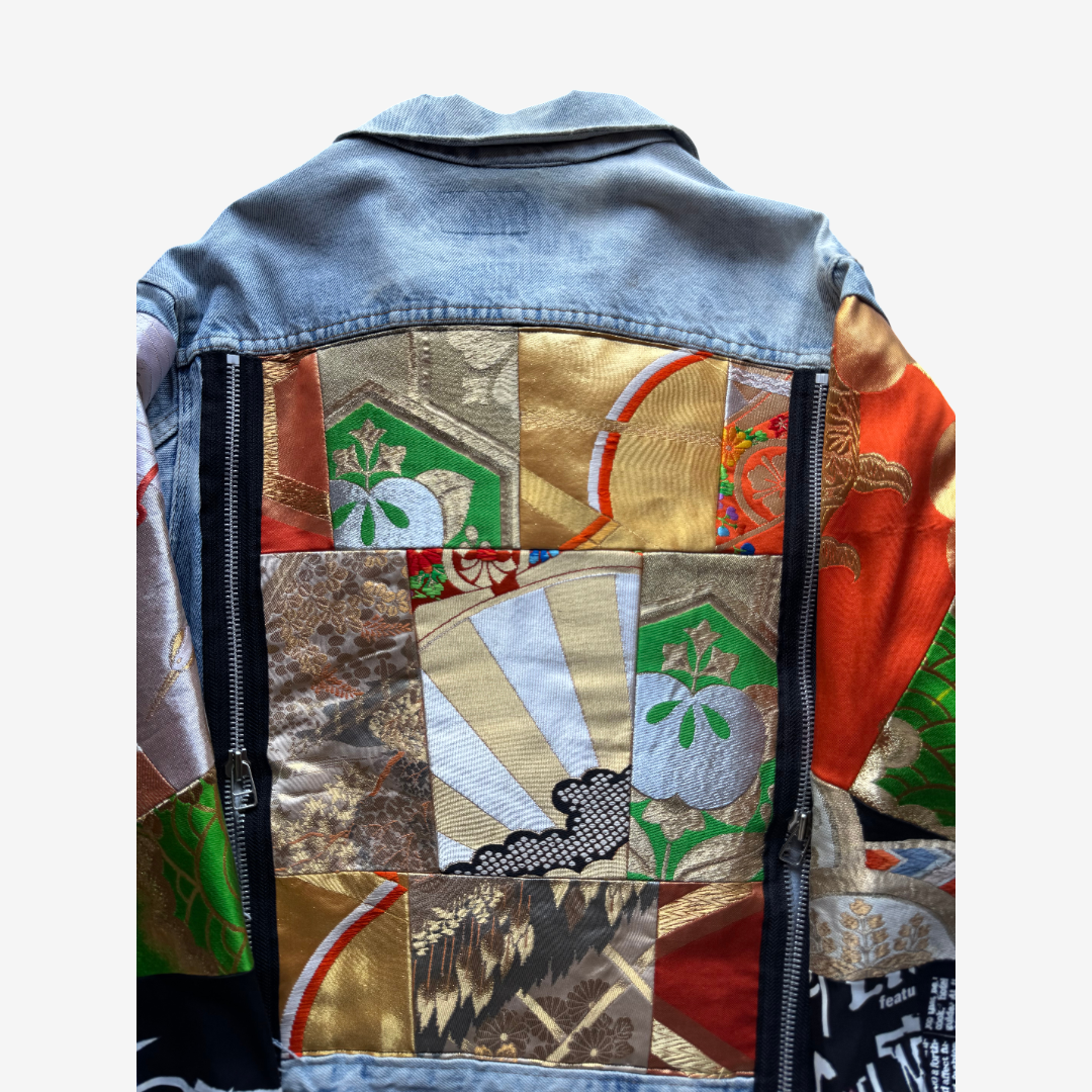 COTÉ MER Kimono Obi Patchwork Denim Remake Jacket L XL Japanese Design Harajuku Streetwear Wearable Art