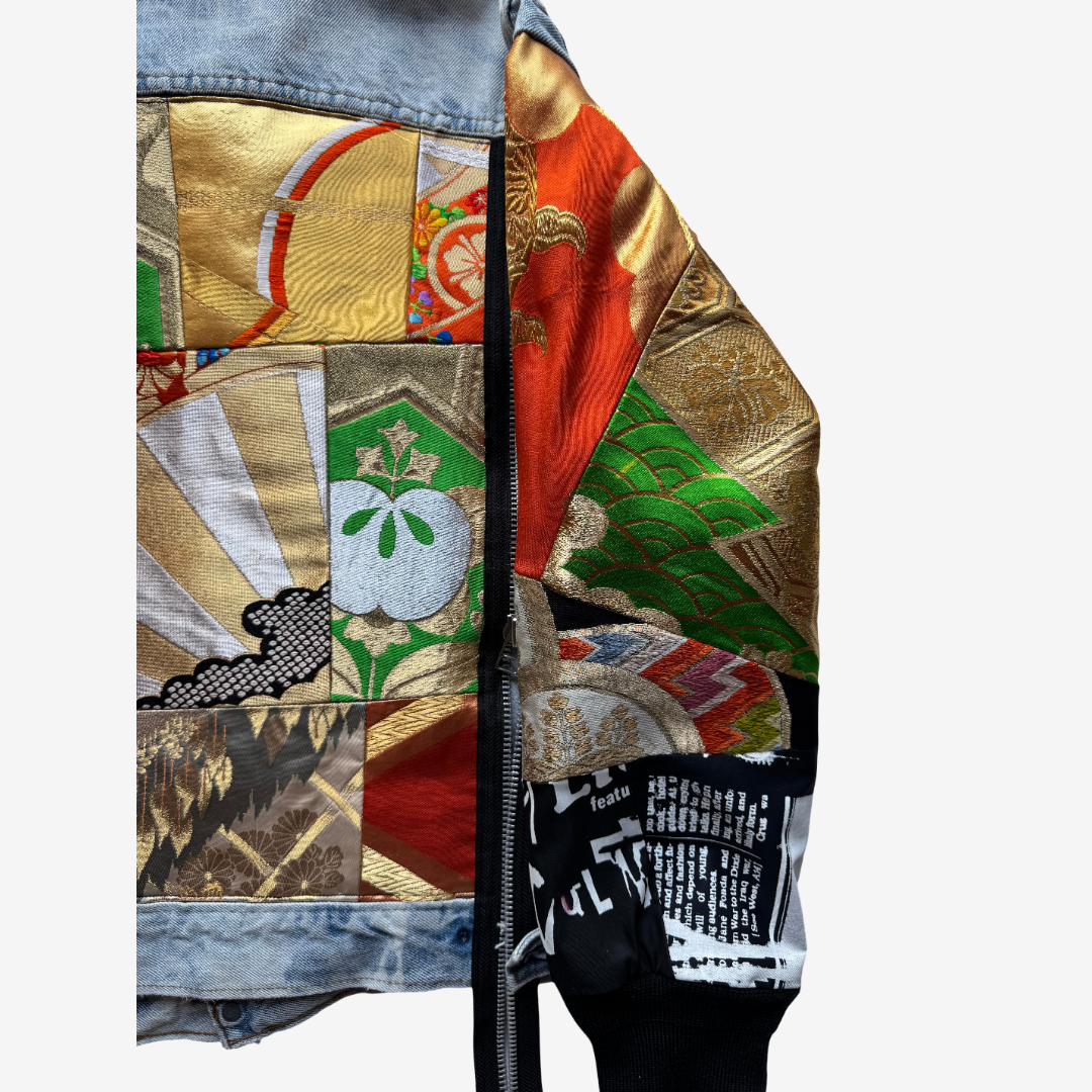 COTÉ MER Kimono Obi Patchwork Denim Remake Jacket L XL Japanese Design Harajuku Streetwear Wearable Art