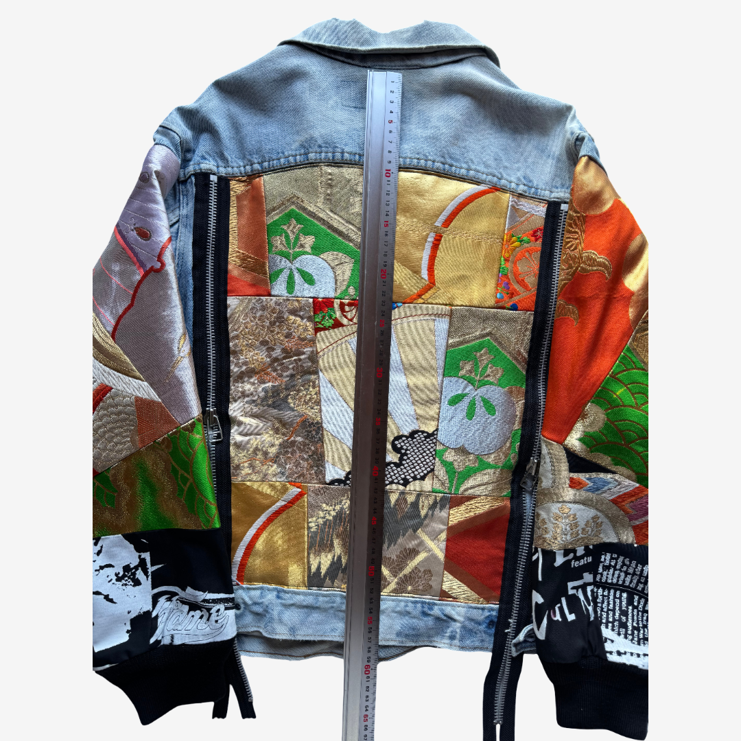 COTÉ MER Kimono Obi Patchwork Denim Remake Jacket L XL Japanese Design Harajuku Streetwear Wearable Art