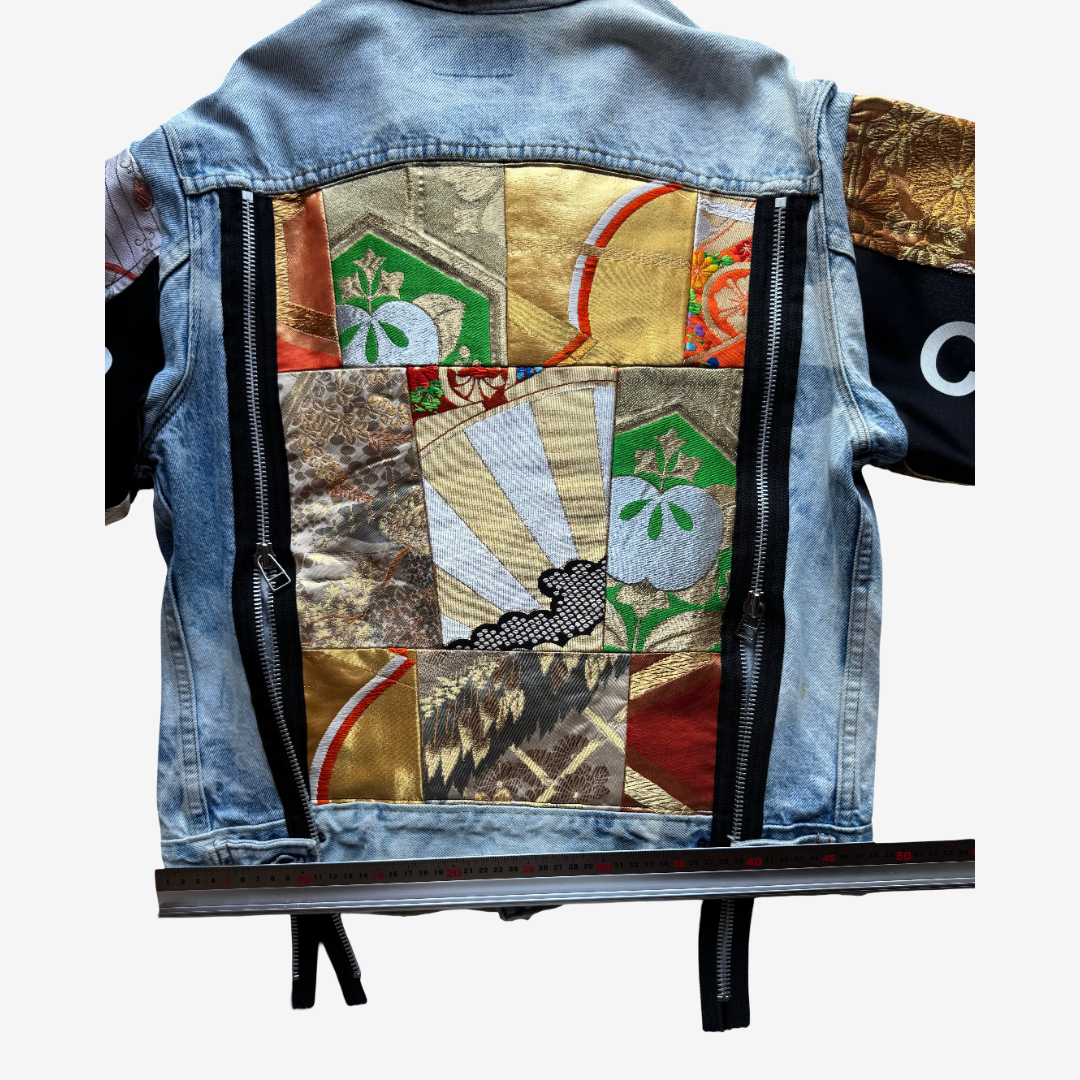COTÉ MER Kimono Obi Patchwork Denim Remake Jacket L XL Japanese Design Harajuku Streetwear Wearable Art
