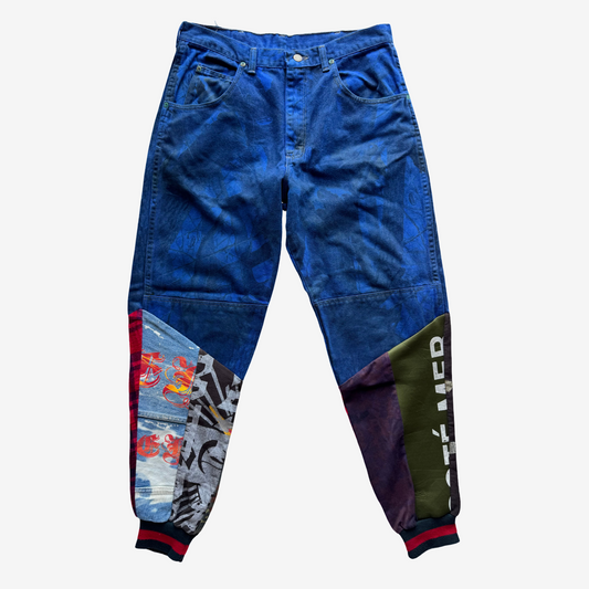 Japanese Streetwear COTÉ MER Reconstructed Indigo Patchwork Denim Jogger Pants W31–32