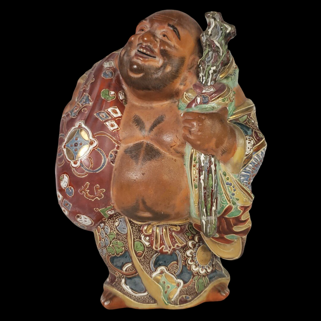 Kutani Ware Hotei Figure | Seven Gods of Fortune | Polychrome Ceramic Sculpture | Approx. 20 cm