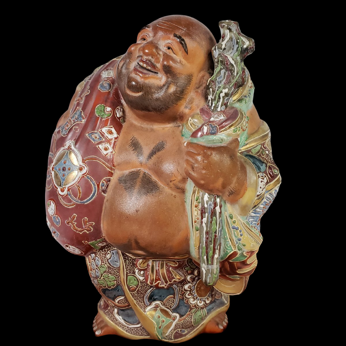 Kutani Ware Hotei Figure | Seven Gods of Fortune | Polychrome Ceramic Sculpture | Approx. 20 cm