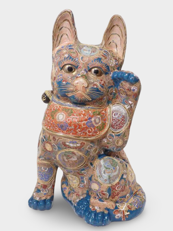 Monumental Kutani Ware Maneki‑neko | Gilded Polychrome Beckoning Cat | ~60 cm Heirloom Sculpture