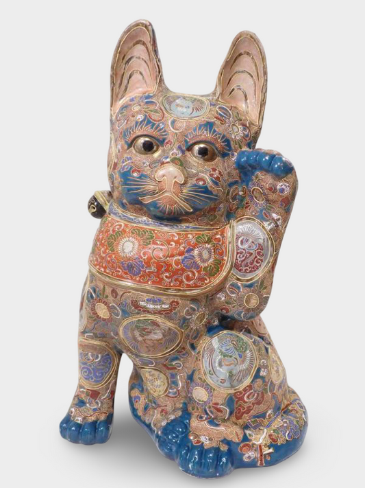 Monumental Kutani Ware Maneki‑neko | Gilded Polychrome Beckoning Cat | ~60 cm Heirloom Sculpture