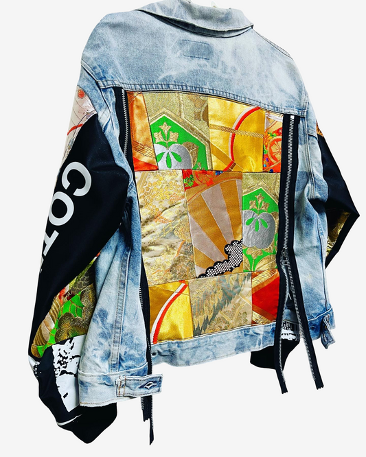 Cote Mer Denim Kimono Remake Obi Patchwork Jacket L XL Japanese Reconstructed Streetwear One of One