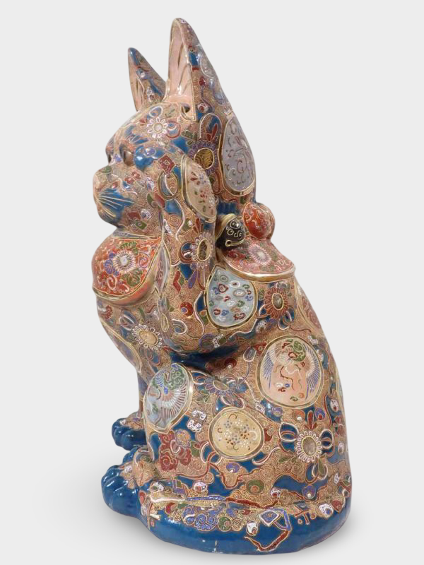 Monumental Kutani Ware Maneki‑neko | Gilded Polychrome Beckoning Cat | ~60 cm Heirloom Sculpture