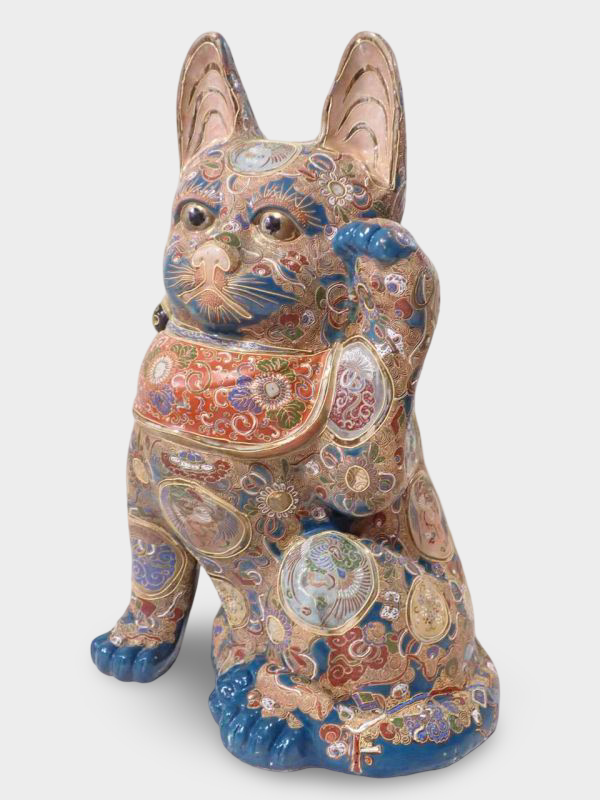 Monumental Kutani Ware Maneki‑neko | Gilded Polychrome Beckoning Cat | ~60 cm Heirloom Sculpture