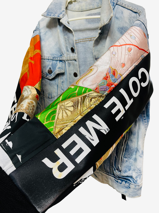 Cote Mer Denim Kimono Remake Obi Patchwork Jacket L XL Japanese Reconstructed Streetwear One of One