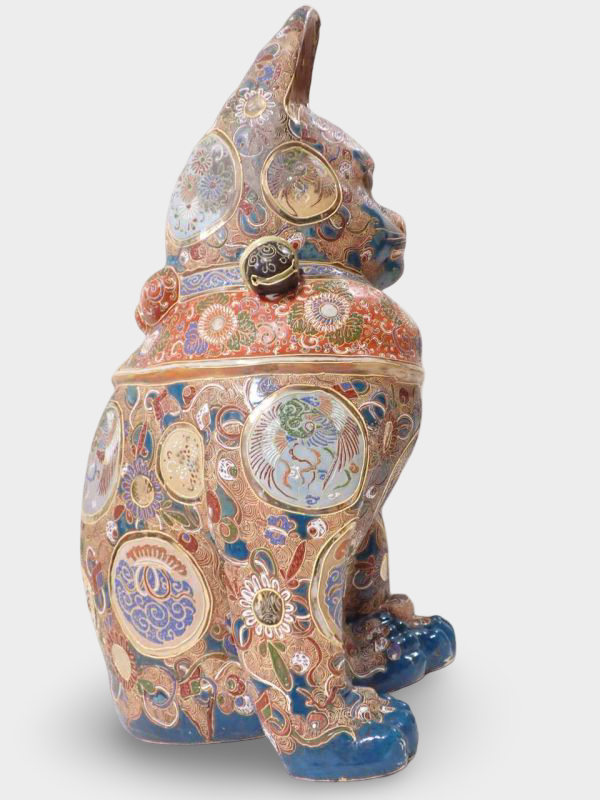 Monumental Kutani Ware Maneki‑neko | Gilded Polychrome Beckoning Cat | ~60 cm Heirloom Sculpture