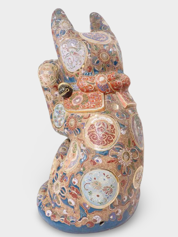 Monumental Kutani Ware Maneki‑neko | Gilded Polychrome Beckoning Cat | ~60 cm Heirloom Sculpture