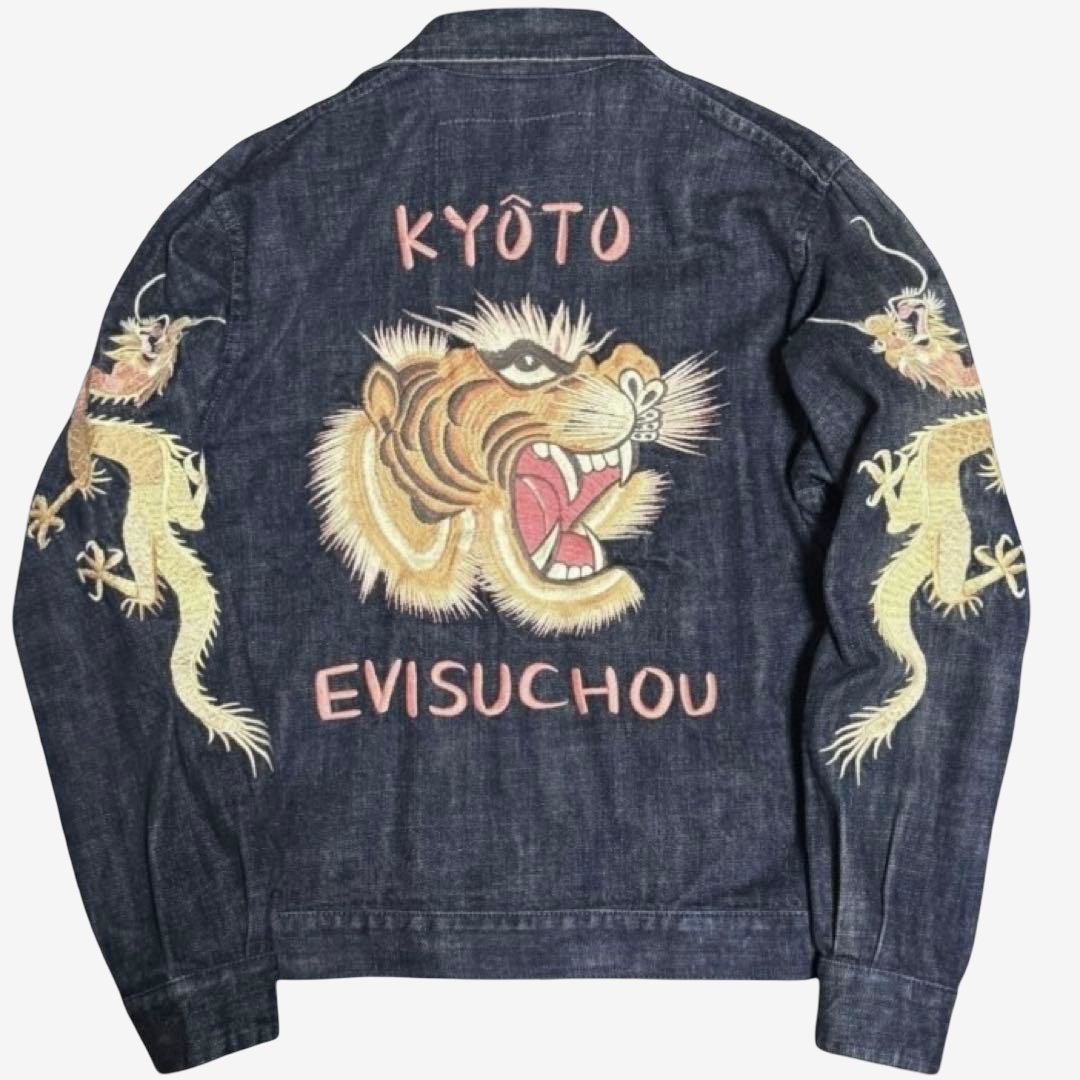 Rare Vintage YAMANE EVISU KYOTO “EVISUCHOU” Tiger & Dragon Embroidered Denim Jacket Size 40 | Lot 552 Japanese Y2K Archive
