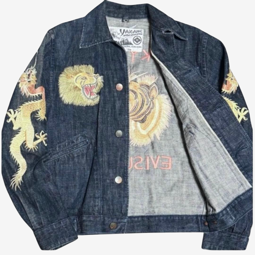 Rare Vintage YAMANE EVISU KYOTO “EVISUCHOU” Tiger & Dragon Embroidered Denim Jacket Size 40 | Lot 552 Japanese Y2K Archive