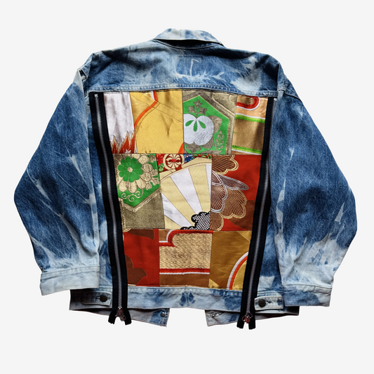 Cote Mer Kimono Obi Patchwork Japanese Remake Denim Jacket L XL Reconstructed Streetwear Wearable Art