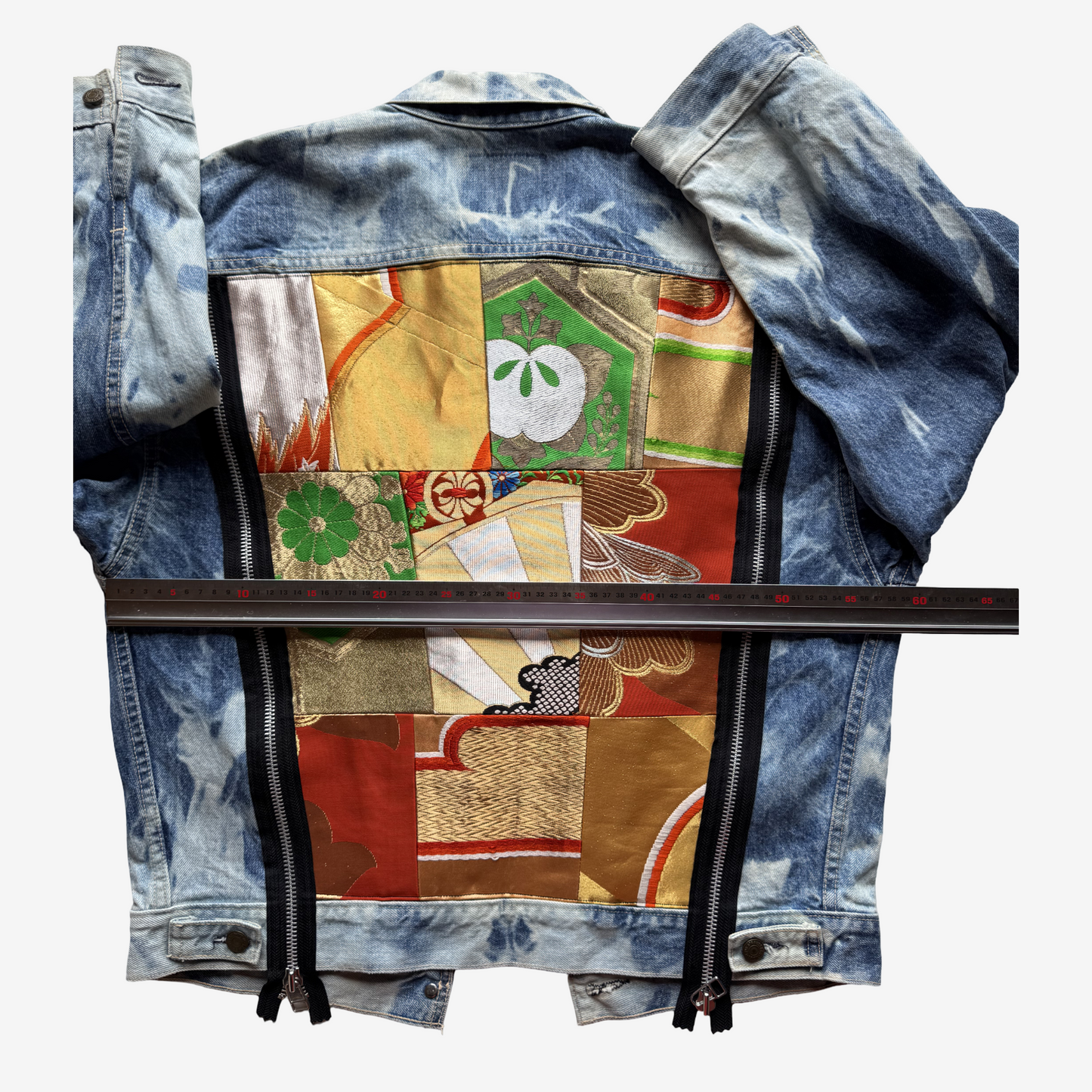 Cote Mer Kimono Obi Patchwork Japanese Remake Denim Jacket L XL Reconstructed Streetwear Wearable Art