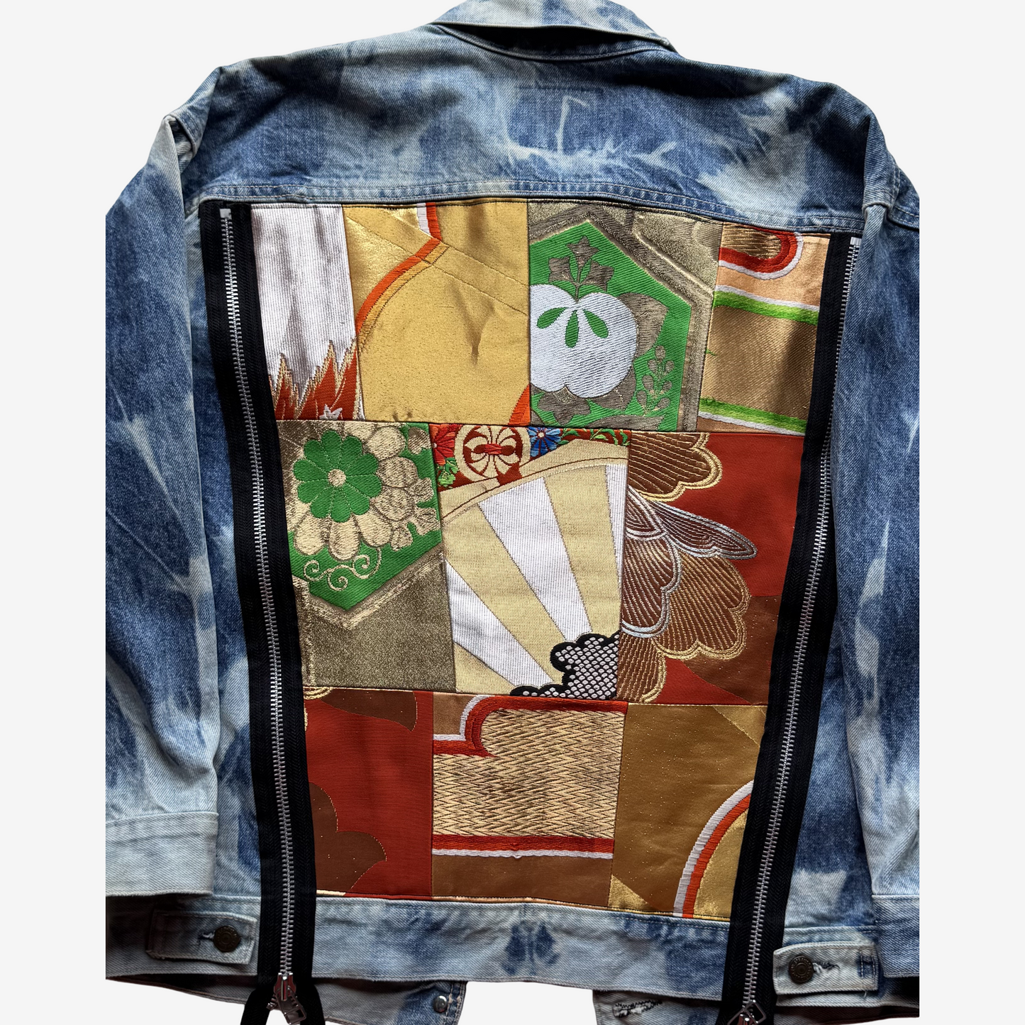Cote Mer Kimono Obi Patchwork Japanese Remake Denim Jacket L XL Reconstructed Streetwear Wearable Art
